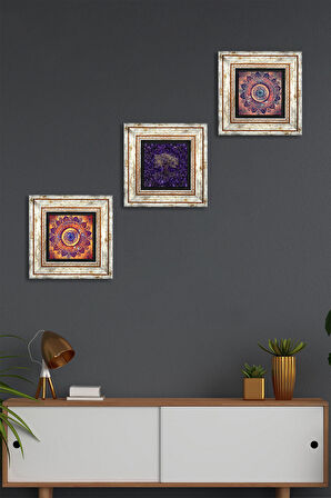 Mandala, Hayat Ağacı Taş Duvar Tablosu Çerçeveli Duvar Dekoru 3 Parça Tablo Seti Wall Art