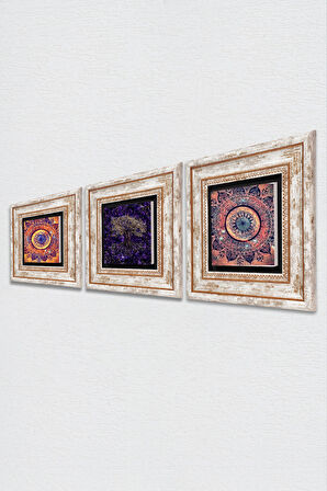 Mandala, Hayat Ağacı Taş Duvar Tablosu Çerçeveli Duvar Dekoru 3 Parça Tablo Seti Wall Art