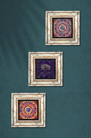 Mandala, Hayat Ağacı Taş Duvar Tablosu Çerçeveli Duvar Dekoru 3 Parça Tablo Seti Wall Art