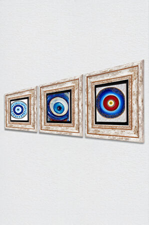 Nazar Taş Duvar Tablosu Çerçeveli Duvar Dekoru 3 Parça Tablo Seti Wall Art