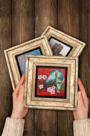 Kuş, Fatma Ana Eli (Hamsa), Nar Taş Duvar Tablosu Çerçeveli Duvar Dekoru 3 Parça Tablo Seti Wall Art