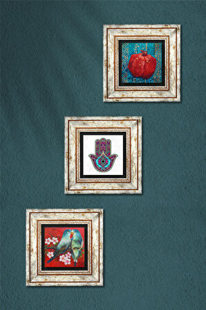 Kuş, Fatma Ana Eli (Hamsa), Nar Taş Duvar Tablosu Çerçeveli Duvar Dekoru 3 Parça Tablo Seti Wall Art