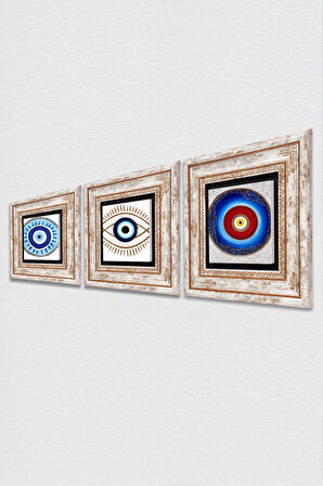 Nazar Taş Duvar Tablosu Çerçeveli Duvar Dekoru 3 Parça Tablo Seti Wall Art