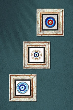 Nazar Taş Duvar Tablosu Çerçeveli Duvar Dekoru 3 Parça Tablo Seti Wall Art