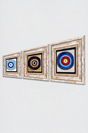 Nazar Taş Duvar Tablosu Çerçeveli Duvar Dekoru 3 Parça Tablo Seti Wall Art
