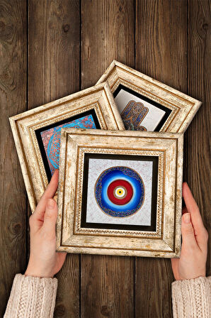 Nazar Taş Duvar Tablosu Çerçeveli Duvar Dekoru 3 Parça Tablo Seti Wall Art