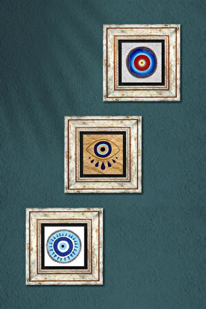Nazar Taş Duvar Tablosu Çerçeveli Duvar Dekoru 3 Parça Tablo Seti Wall Art