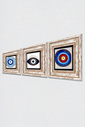 Nazar Taş Duvar Tablosu Çerçeveli Duvar Dekoru 3 Parça Tablo Seti Wall Art