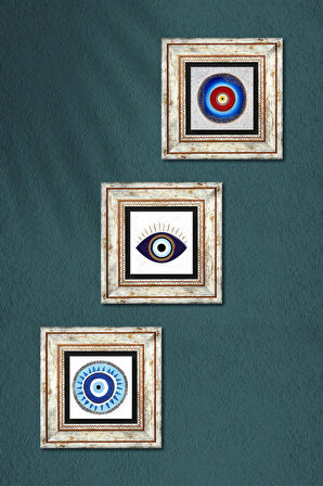 Nazar Taş Duvar Tablosu Çerçeveli Duvar Dekoru 3 Parça Tablo Seti Wall Art