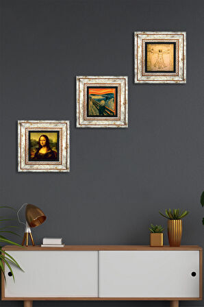 Çığlık, Leonardo da Vinci Mona Lisa, Vitruvius Adamı Taş Duvar Tablosu Çerçeveli Duvar Dekoru 3 Parça Tablo Seti Wall Art