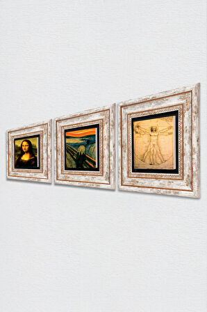 Çığlık, Leonardo da Vinci Mona Lisa, Vitruvius Adamı Taş Duvar Tablosu Çerçeveli Duvar Dekoru 3 Parça Tablo Seti Wall Art