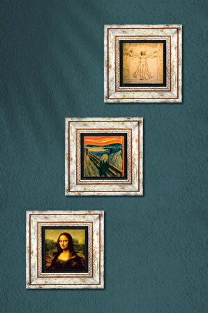 Çığlık, Leonardo da Vinci Mona Lisa, Vitruvius Adamı Taş Duvar Tablosu Çerçeveli Duvar Dekoru 3 Parça Tablo Seti Wall Art