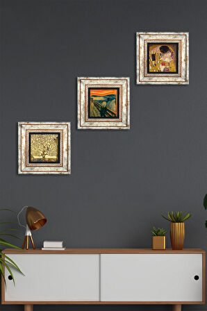 Çığlık Tablosu, Gustav Klimt Öpücük, Hayat Ağacı Taş Duvar Tablosu Çerçeveli Duvar Dekoru 3 Parça Tablo Seti Wall Art