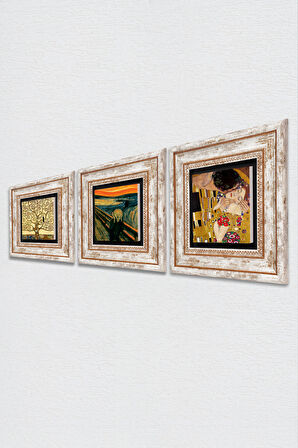 Çığlık Tablosu, Gustav Klimt Öpücük, Hayat Ağacı Taş Duvar Tablosu Çerçeveli Duvar Dekoru 3 Parça Tablo Seti Wall Art