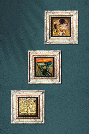 Çığlık Tablosu, Gustav Klimt Öpücük, Hayat Ağacı Taş Duvar Tablosu Çerçeveli Duvar Dekoru 3 Parça Tablo Seti Wall Art