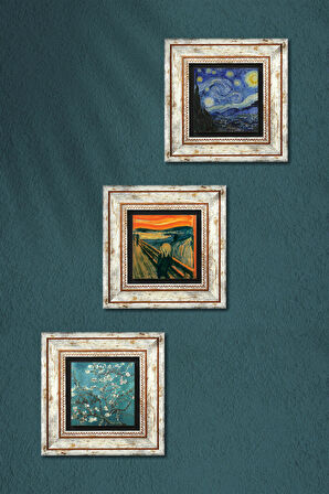 Çığlık Tablosu, Van Gogh Yıldızlı Gece, Badem Ağacı Taş Duvar Tablosu Çerçeveli Duvar Dekoru 3 Parça Tablo Seti Wall Art