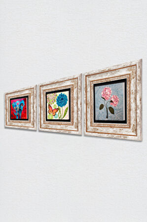 Kelebek, Fil, Pembe Ortanca Çiçeği Taş Duvar Tablosu Çerçeveli Duvar Dekoru 3 Parça Tablo Seti Wall Art
