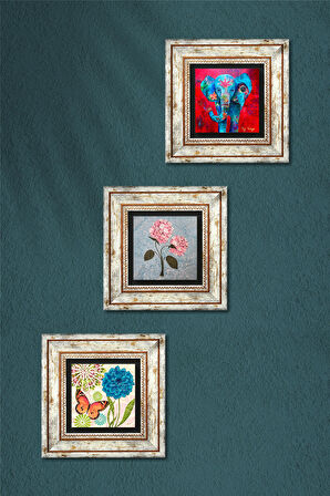 Kelebek, Fil, Pembe Ortanca Çiçeği Taş Duvar Tablosu Çerçeveli Duvar Dekoru 3 Parça Tablo Seti Wall Art