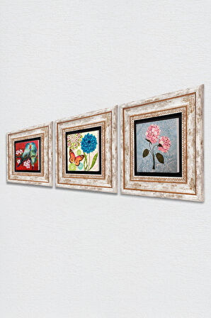 Kelebek, Kuş, Pembe Ortanca Çiçeği Taş Duvar Tablosu Çerçeveli Duvar Dekoru 3 Parça Tablo Seti Wall Art