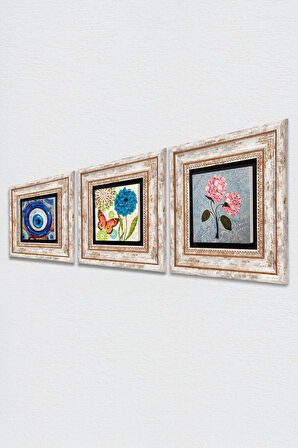 Nazar, Kelebek, Pembe Ortanca Çiçeği Taş Duvar Tablosu Çerçeveli Duvar Dekoru 3 Parça Tablo Seti Wall Art