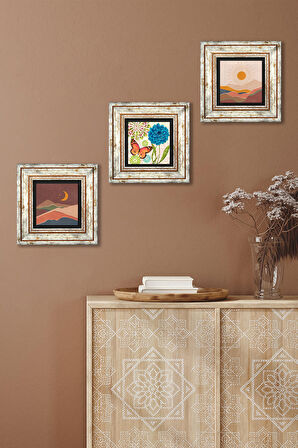 Bohem, Kelebek Taş Duvar Tablosu Çerçeveli Duvar Dekoru 3 Parça Tablo Seti Wall Art