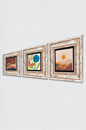 Bohem, Kelebek Taş Duvar Tablosu Çerçeveli Duvar Dekoru 3 Parça Tablo Seti Wall Art