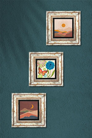 Bohem, Kelebek Taş Duvar Tablosu Çerçeveli Duvar Dekoru 3 Parça Tablo Seti Wall Art