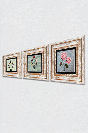 Ebru Sanatı, Lale, Pembe Ortanca Çiçeği Taş Duvar Tablosu Çerçeveli Duvar Dekoru 3 Parça Tablo Seti Wall Art