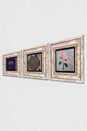 Hayat Ağacı, Yaşam Çiçeği, Pembe Ortanca Çiçeği Taş Duvar Tablosu Çerçeveli Duvar Dekoru 3 Parça Tablo Seti Wall Art