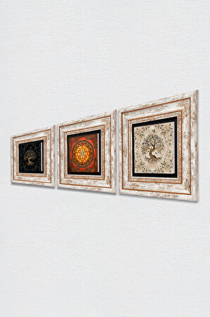 Sri Yantra, Hayat Ağacı Taş Duvar Tablosu Çerçeveli Duvar Dekoru 3 Parça Tablo Seti Wall Art