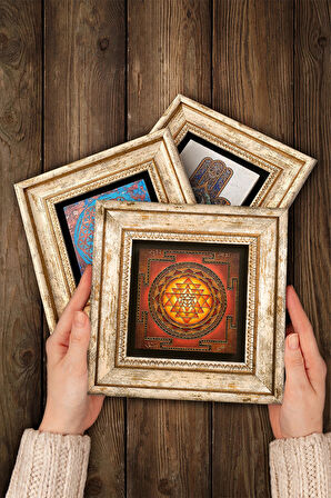 Sri Yantra, Hayat Ağacı Taş Duvar Tablosu Çerçeveli Duvar Dekoru 3 Parça Tablo Seti Wall Art
