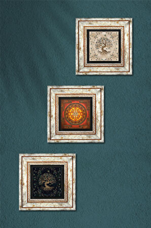 Sri Yantra, Hayat Ağacı Taş Duvar Tablosu Çerçeveli Duvar Dekoru 3 Parça Tablo Seti Wall Art