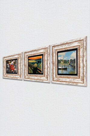 Claude Monet Japon Kostümü, Argenteuil'de Köprü, Çığlık Taş Duvar Tablosu Çerçeveli Duvar Dekoru 3 Parça Tablo Seti Wall Art