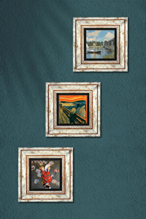 Claude Monet Japon Kostümü, Argenteuil'de Köprü, Çığlık Taş Duvar Tablosu Çerçeveli Duvar Dekoru 3 Parça Tablo Seti Wall Art