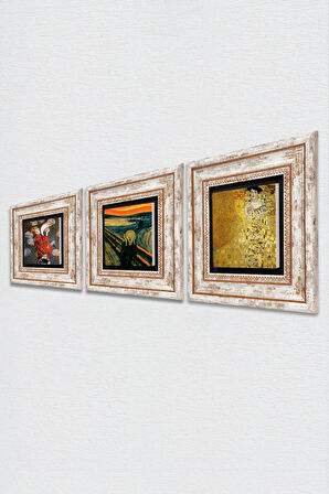 Gustav Klimt, Claude Monet, Çığlık Tablosu Taş Duvar Tablosu Çerçeveli Duvar Dekoru 3 Parça Tablo Seti Wall Art