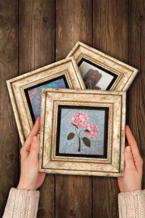 Çini Sanatı Lale, Yelkenli Gemi, Pembe Ortanca Çiçeği Taş Duvar Tablosu Çerçeveli Duvar Dekoru 3 Parça Tablo Seti Wall Art