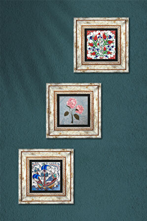 Çini Sanatı Lale, Yelkenli Gemi, Pembe Ortanca Çiçeği Taş Duvar Tablosu Çerçeveli Duvar Dekoru 3 Parça Tablo Seti Wall Art