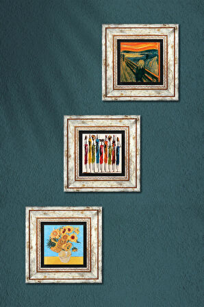 Van Gogh On İki Ayçiçekli Vazo, Çığlık, Yerli Kadınlar Taş Duvar Tablosu Çerçeveli Duvar Dekoru 3 Parça Tablo Seti Wall Art