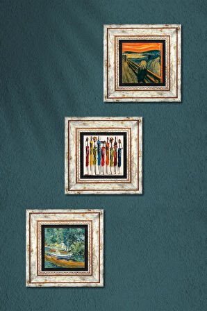 Van Gogh Oise Bankası, Çığlık, Yerli Kadınlar Taş Duvar Tablosu Çerçeveli Duvar Dekoru 3 Parça Tablo Seti Wall Art