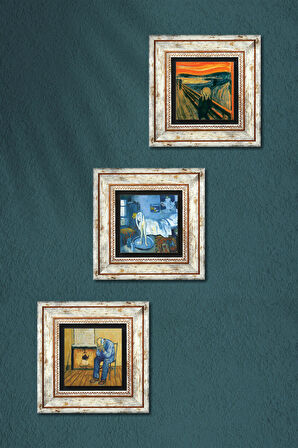 Picasso Mavi Oda, Van Gogh Sonsuzluğun Eşiğinde, Çığlık Taş Duvar Tablosu Çerçeveli Duvar Dekoru 3 Parça Tablo Seti Wall Art