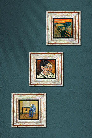 Picasso Otoportre, Van Gogh Sonsuzluğun Eşiğinde, Çığlık Taş Duvar Tablosu Çerçeveli Duvar Dekoru 3 Parça Tablo Seti Wall Art