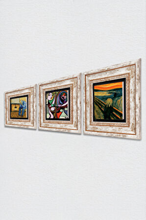 Picasso, Van Gogh, Çığlık Taş Duvar Tablosu Çerçeveli Duvar Dekoru 3 Parça Tablo Seti Wall Art