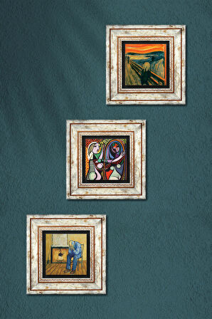 Picasso, Van Gogh, Çığlık Taş Duvar Tablosu Çerçeveli Duvar Dekoru 3 Parça Tablo Seti Wall Art