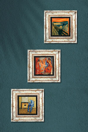 Picasso, Van Gogh, Çığlık Taş Duvar Tablosu Çerçeveli Duvar Dekoru 3 Parça Tablo Seti Wall Art