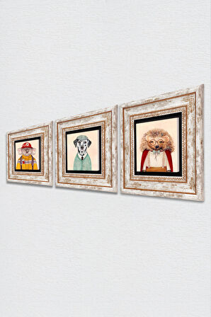 Kirpi, Köpek, Koala Taş Duvar Tablosu Çerçeveli Duvar Dekoru 3 Parça Tablo Seti Wall Art