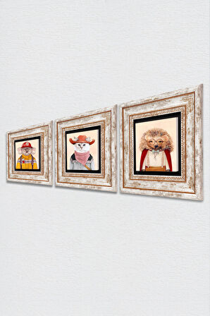 Kirpi, Kedi, Koala Taş Duvar Tablosu Çerçeveli Duvar Dekoru 3 Parça Tablo Seti Wall Art