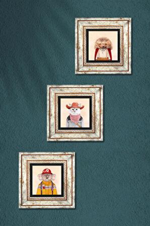 Kirpi, Kedi, Koala Taş Duvar Tablosu Çerçeveli Duvar Dekoru 3 Parça Tablo Seti Wall Art