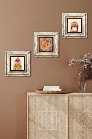 Louis Wain Kediler, Kirpi, Koala Taş Duvar Tablosu Çerçeveli Duvar Dekoru 3 Parça Tablo Seti Wall Art