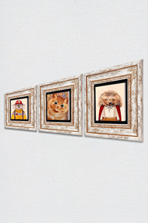 Louis Wain Kediler, Kirpi, Koala Taş Duvar Tablosu Çerçeveli Duvar Dekoru 3 Parça Tablo Seti Wall Art
