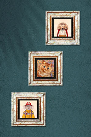 Louis Wain Kediler, Kirpi, Koala Taş Duvar Tablosu Çerçeveli Duvar Dekoru 3 Parça Tablo Seti Wall Art